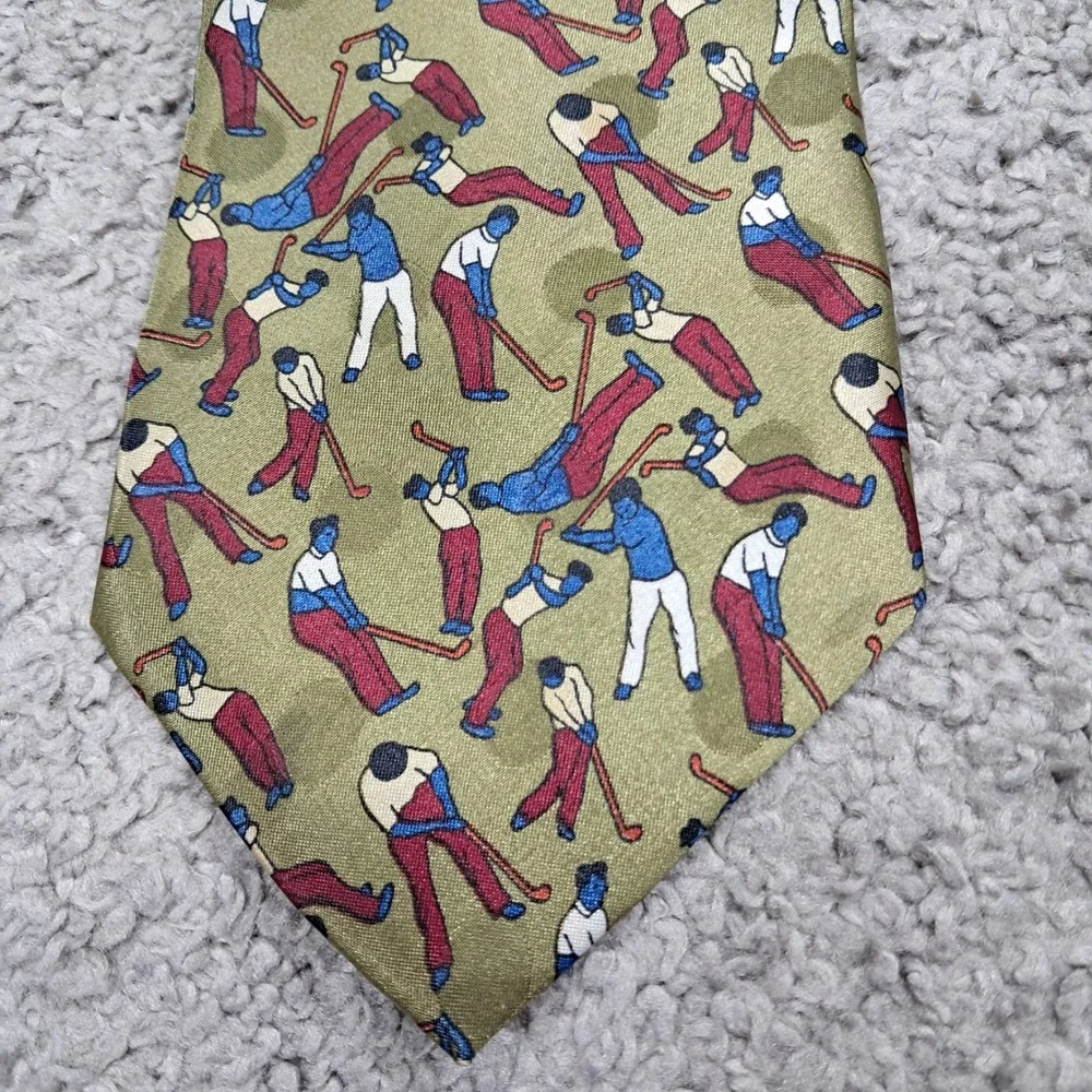 Enigma Hand Made Mens Golf Print Necktie Olive Green Novelty Tie Polyester